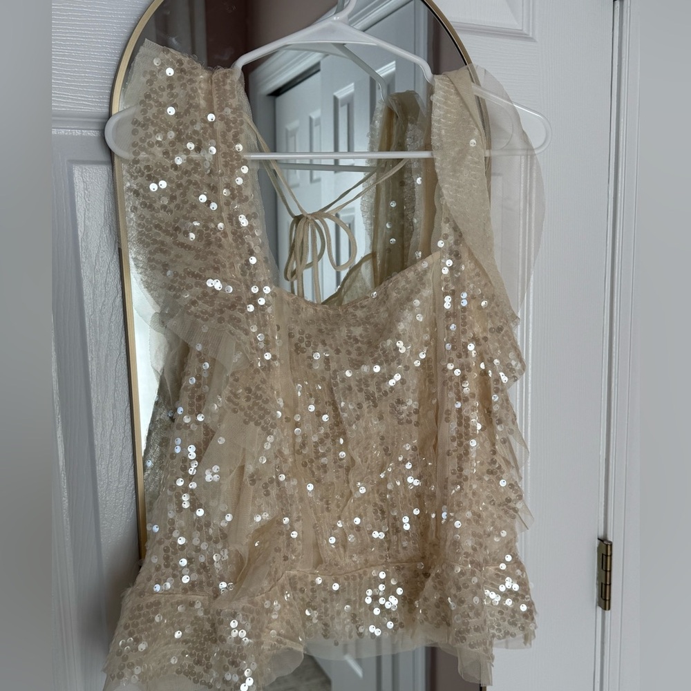 Anthropologie Cream Sequin Ruffle Blouse - Picture 2 of 7